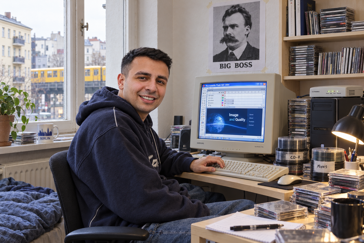 Gestaltete Berliner Rückblende: Salih Daglar am Computer mit Macromedia Flash, CD-R-Spindeln und Nietzsche-Poster „Big Boss“
